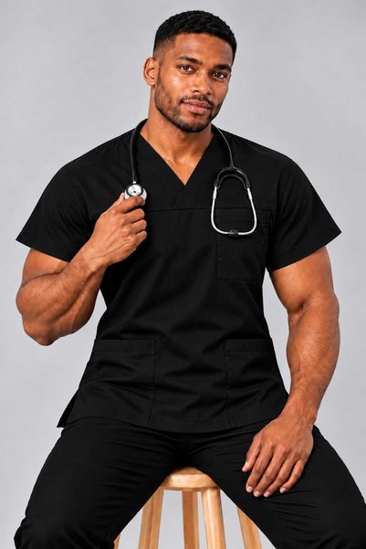 EMİR MEDİKAL (E-Flex) Black Lycra Men's Single Top Non-Ironing Nurse and Doctor Uniform Scrubs Hospital Uniform