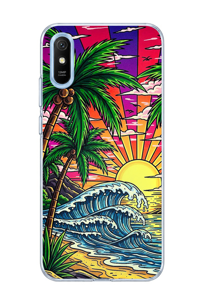 lelia حافظة هاتف شفافة متوافقة مع Redmi 9A مطبوعة بتصميم Palm Wave Sunset