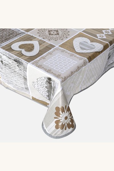Comerivo Față de masă plastifiată cu imprimeu tiles și inimi, nuanțe pământii...