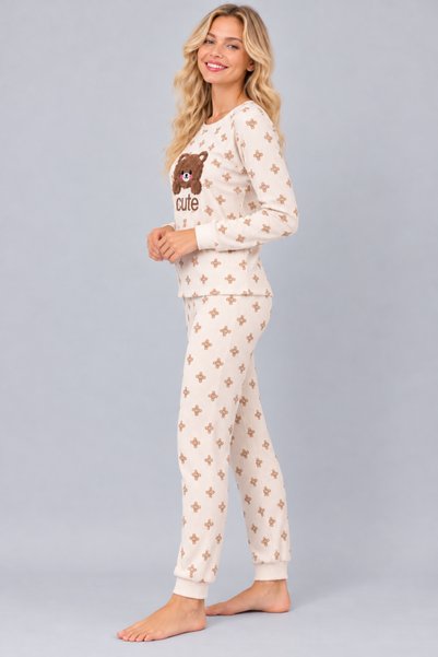 Pijamask Kadın Desenli Bisiklet Yaka Uzun Kollu Baskılı Rahat Kesim Pijama Takımı