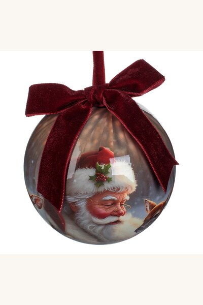 Comerivo Ornament glob pentru brad Craciun cu Mos Craciun si ren, 10cm, visiniu