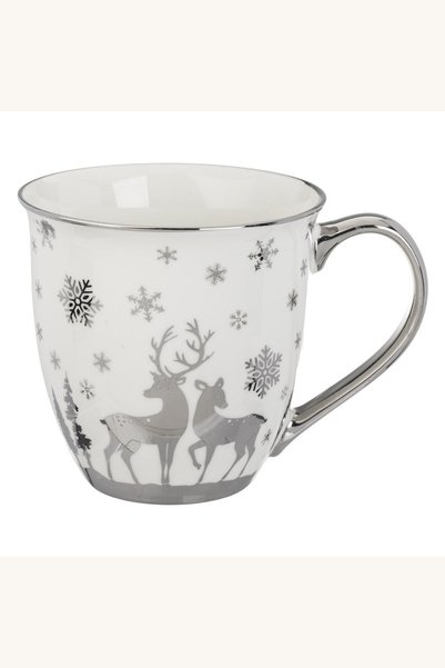 Comerivo Cana ceramica alba Craciun cu reni si fulgi argintii, 610ml