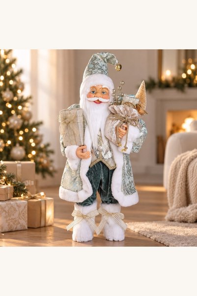 Comerivo Mos Craciun decorativ 60cm cu costum verde menta si accesorii aurii