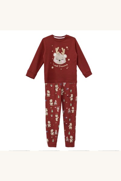 Comerivo Set pijama de Craciun rosie pentru copii 4 ani cu ursulet si sclipic...