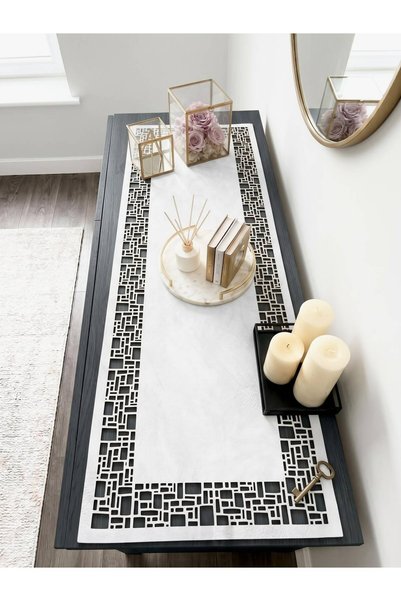 Ergüven Home قماش سويدي أبيض مقاس 40x120 سم - نمط هندسي رباعي الأضلاع