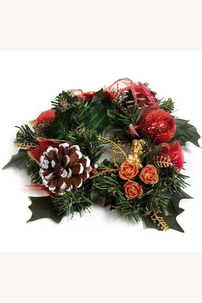 Comerivo Coroana decorativa pentru lumanare cu flori si pomusoare rosii 20cm