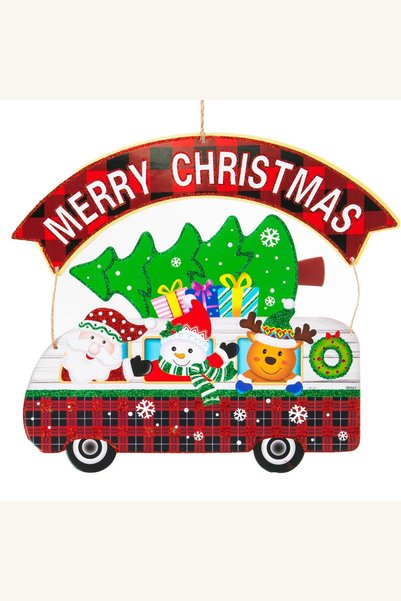 Comerivo Ornament Craciun autobuz cu figurine si sclipici rosu 34x35cm