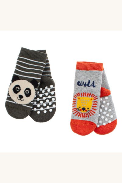 Comerivo 2 perechi sosete antialunecante pentru bebelusi, leu si panda, gri s...