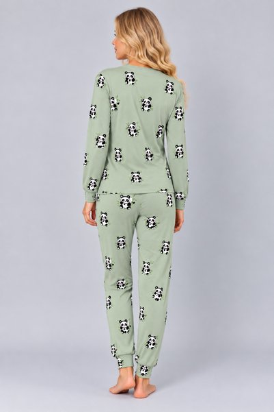 Pijamask Kadın Desenli Bisiklet Yaka Uzun Kollu Baskılı Rahat Kesim Pijama Takımı