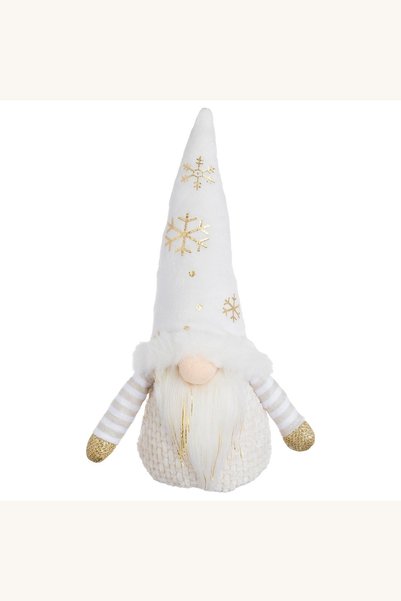 Comerivo Gnome decorativ de Craciun alb cu caciula si fulgi aurii, 26 cm