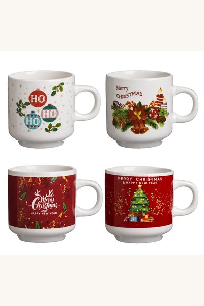 Comerivo Cesti cu mesaje festive pentru bauturi calde, set 4 bucati, rosii si...