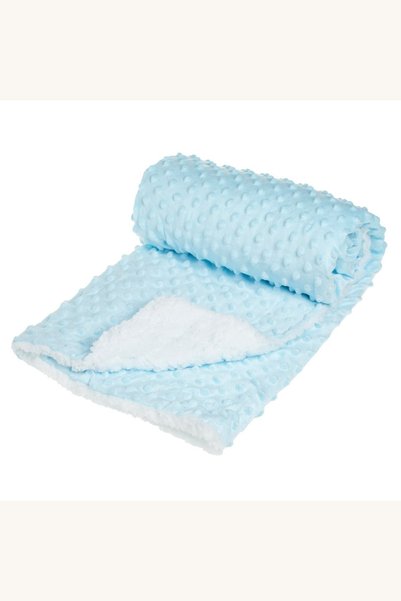 Comerivo Patura moale pentru bebelus 90x80cm, catifea ciel cu blana sherpa alba
