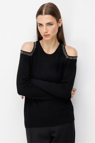 on Pulover tricotat cu detaliu la umeri pentru femei, negru