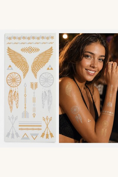 Comerivo Tatuaje Autocolante cu Sclipici Auriu si Argintiu - Aripi, Dreamcatc...