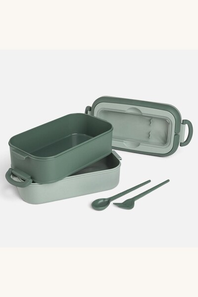 Comerivo Lunch box verde cu 2 compartimente, furculita si lingura pentru pran...