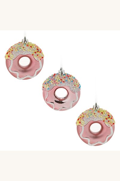 Comerivo 3 ornamente Brad Craciun Donuts roz alb cu glitter 8cm