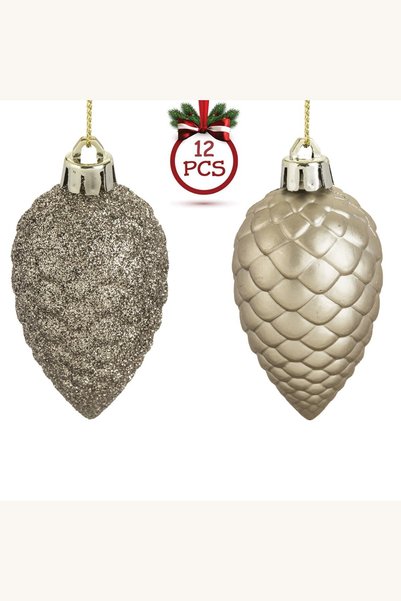 Comerivo 12 Conuri decorative Craciun bej mat cu glitter 7cm pentru brad