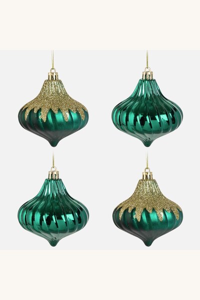 Comerivo Set 4 globuri Craciun forma ceapa verde cu sclipici auriu 8cm