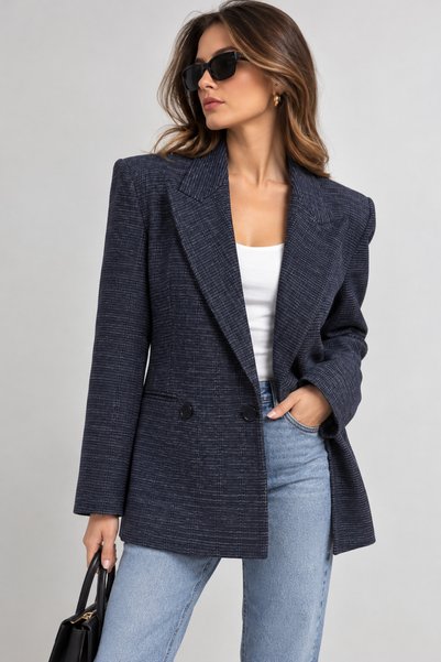 Mys Collection Kadın Lacivert Dokulu Blazer Ceket Kruvaze Düğmeli Vatkalı Uzun Kesim