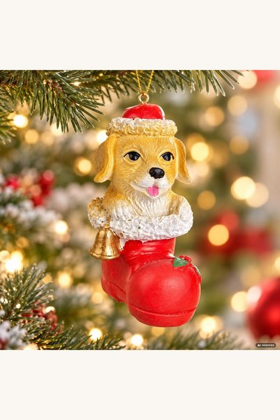 Comerivo Decoratiune Craciun catel in cizmuta rosie, 10 cm pentru brad