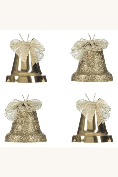 Comerivo Clopote Craciun Bej cu Glitter si Funda - Set 4 buc, 6 cm