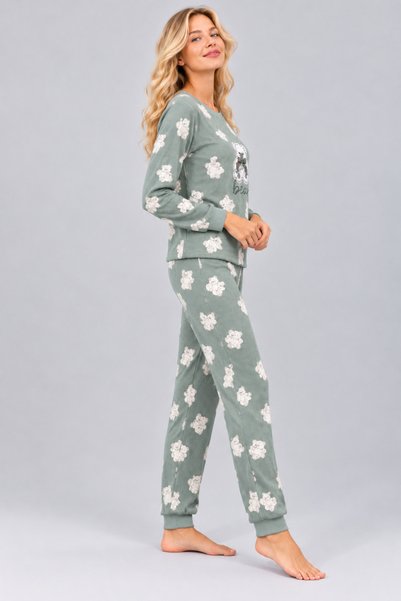 Pijamask Kadın Desenli Bisiklet Yaka Uzun Kollu Baskılı Rahat Kesim Pijama Takımı