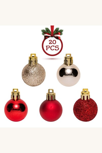 Comerivo Ornamente Craciun rosii si bej glitter 3cm set 20 bucati