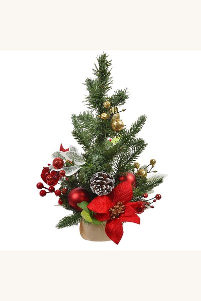 Comerivo Brad decorativ de masa 40cm cu globuri, conuri si craciunite rosii