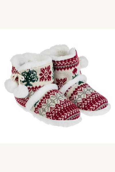 Comerivo Botoși de Crăciun cu pompoane, model jacquard alb-roșu, cu talpă sta...