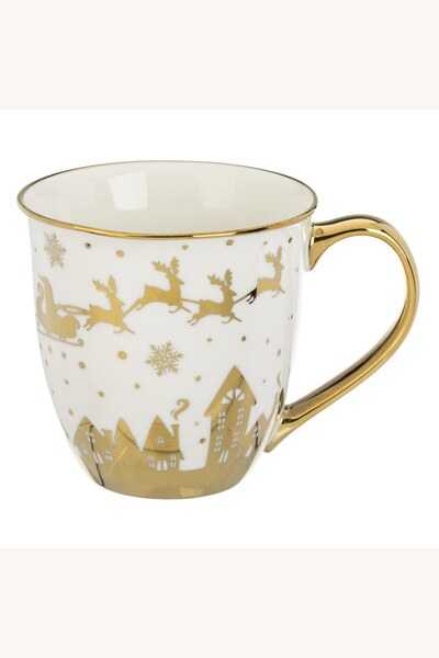 Comerivo Cana ceramica alba pentru Craciun, cu decoratiuni aurii si maner aso...