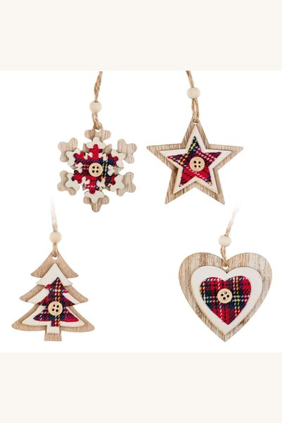 Comerivo Set 8 decoratiuni Craciun din lemn cu carouri rosii, 6 cm - figuri m...