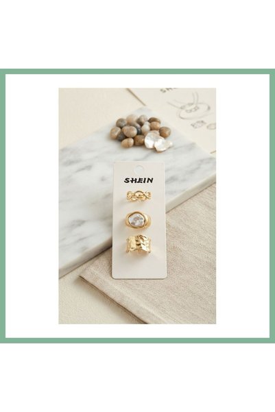 BŞK VİRGO Gold Color Brass 3-Piece Vintage Women's Ring Combination Byk4288 B...