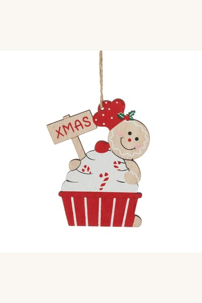 Comerivo Figurină din lemn pentru brad, cupcake cu dungi roșii și omuleț de t...