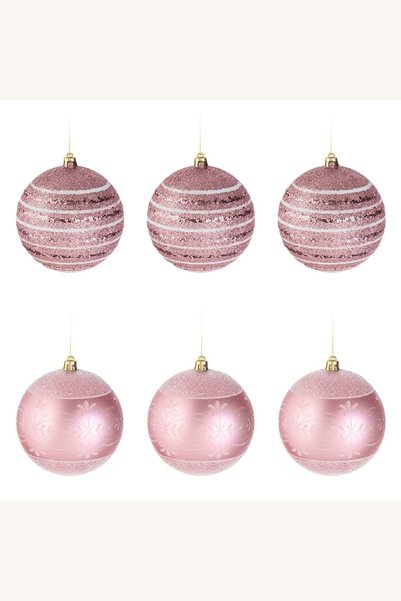 Comerivo 6 Globuri Craciun Roz cu Glitter si Dungi Albe - Ornamente Brad 10cm