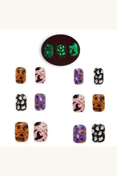 Comerivo Set 12 unghii false adezive Halloween cu efect nocturn si figurine i...