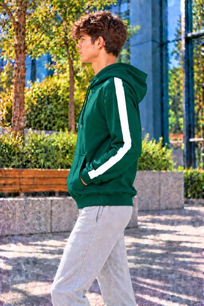 ZİYMO Men's Striped Detail Hooded Sweatshirt with Kangaroo Pocket