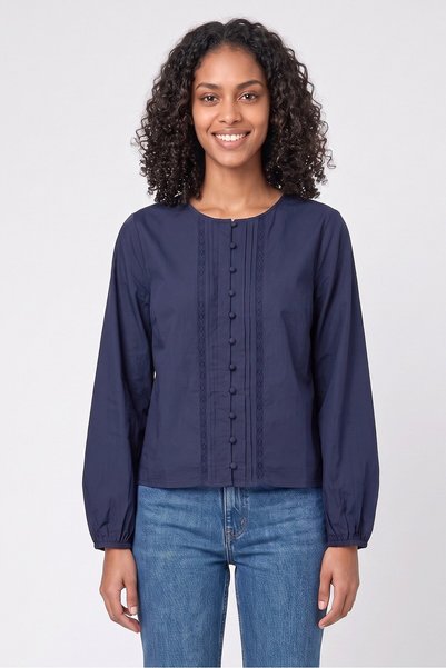 Daphnea Women Round Neck Textured Long Sleeve Blouse, Navy