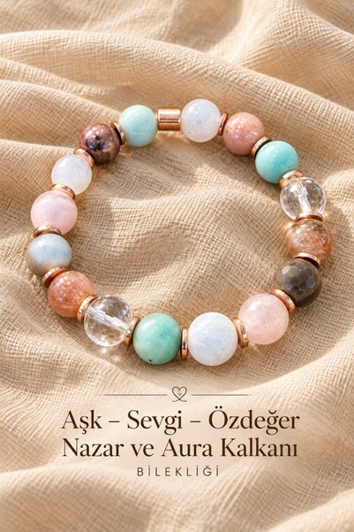 Sarıbel Kehribar AŞK SEVGİ ÖZDEĞER NAZAR VE AURA KALKANI BİLEKLİĞİ