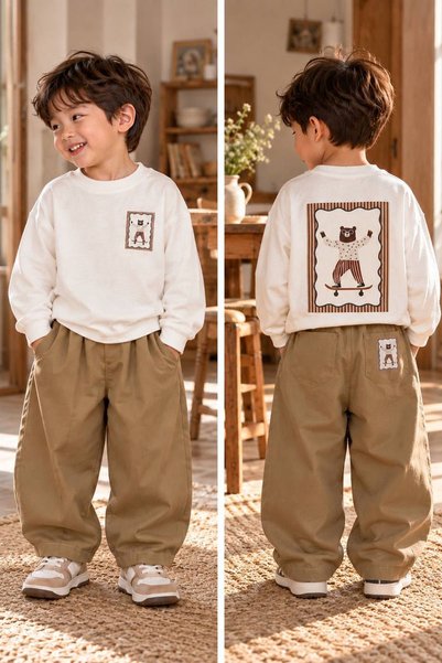 Minigimin Cicileri Skateboarder Teddy Bear Printed Sweatshirt and Wide Leg Pa...