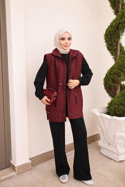 İmajButik Burgundy Black Vest Tunic Trousers Triple Combination Set