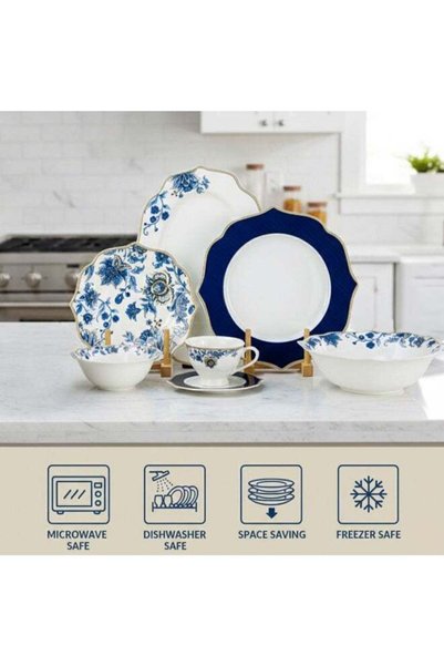 Danube Home Shallow 32-Piece Dinner Set - White with Blue Floral Pattern for 6