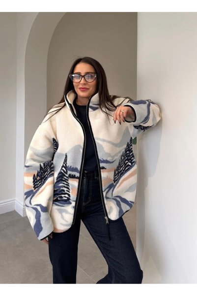 VIORA FASHION White Patterned Zippered Fleece Cardigan