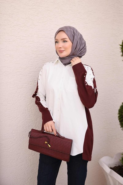İmajButik قميص بوبلين مزين بحجر بوردو ترايكو من كورسمان