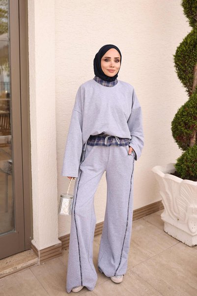 İmajButik طقم بنطلون رياضي مزين باللون الرمادي