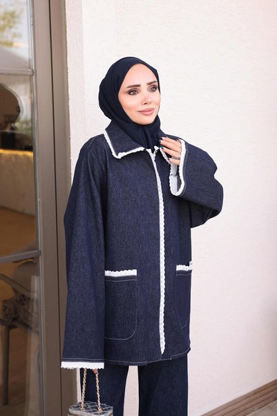 İmajButik Navy Blue Guipure Detailed Pocketed Denim Jacket