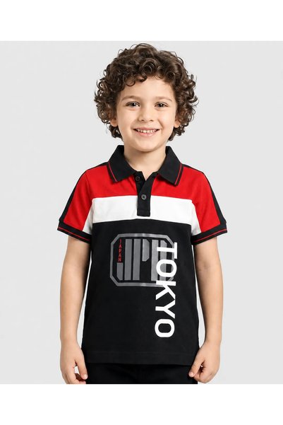 Pine kids Cotton Knit Half Sleeves Tokyo Graphic Polo Neck T-Shirt - Red/Blac...