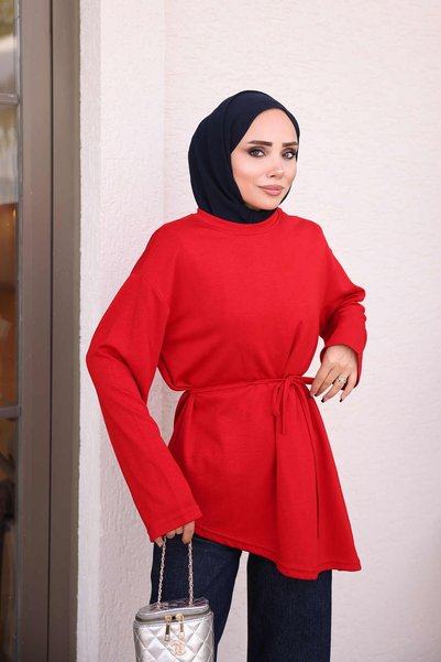 İmajButik Kırmızı Bel İp Bağlamalı Asimetrik Kesim Tunik