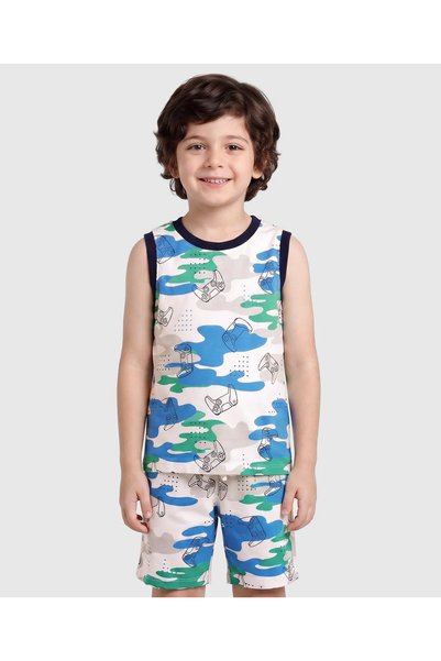 Pine kids طقم نوم قطني بدون أكمام مع شورت وطباعة التمويه - أبيض