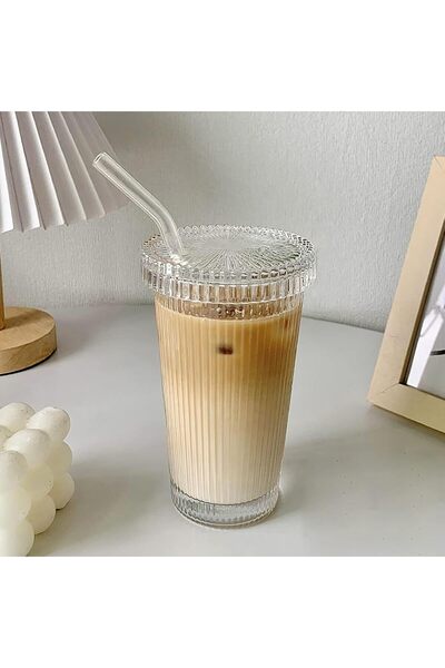 Generic كوب زجاجي مخطط، كوب قهوة مع غطاء وقشة، أكواب شرب للمياه والقهوة المثلجة