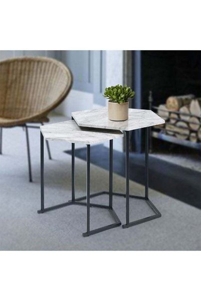 Danube Home Reuben Nest of Tables Set of 2 - Stylish White Marble & Black End...